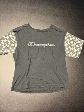 Champion Black Crop Tee with Checkerboard Sleeve Accents